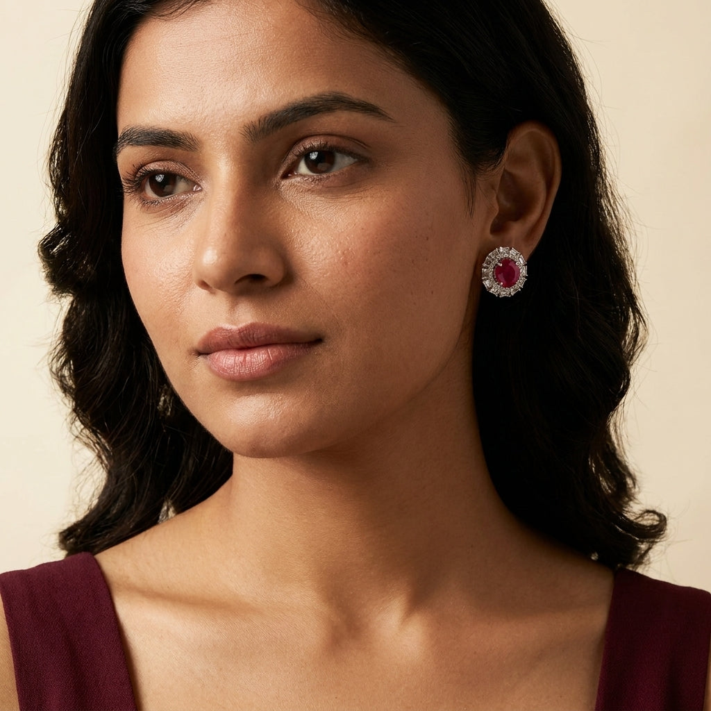 Ruby Red Floral Halo Earrings - Model