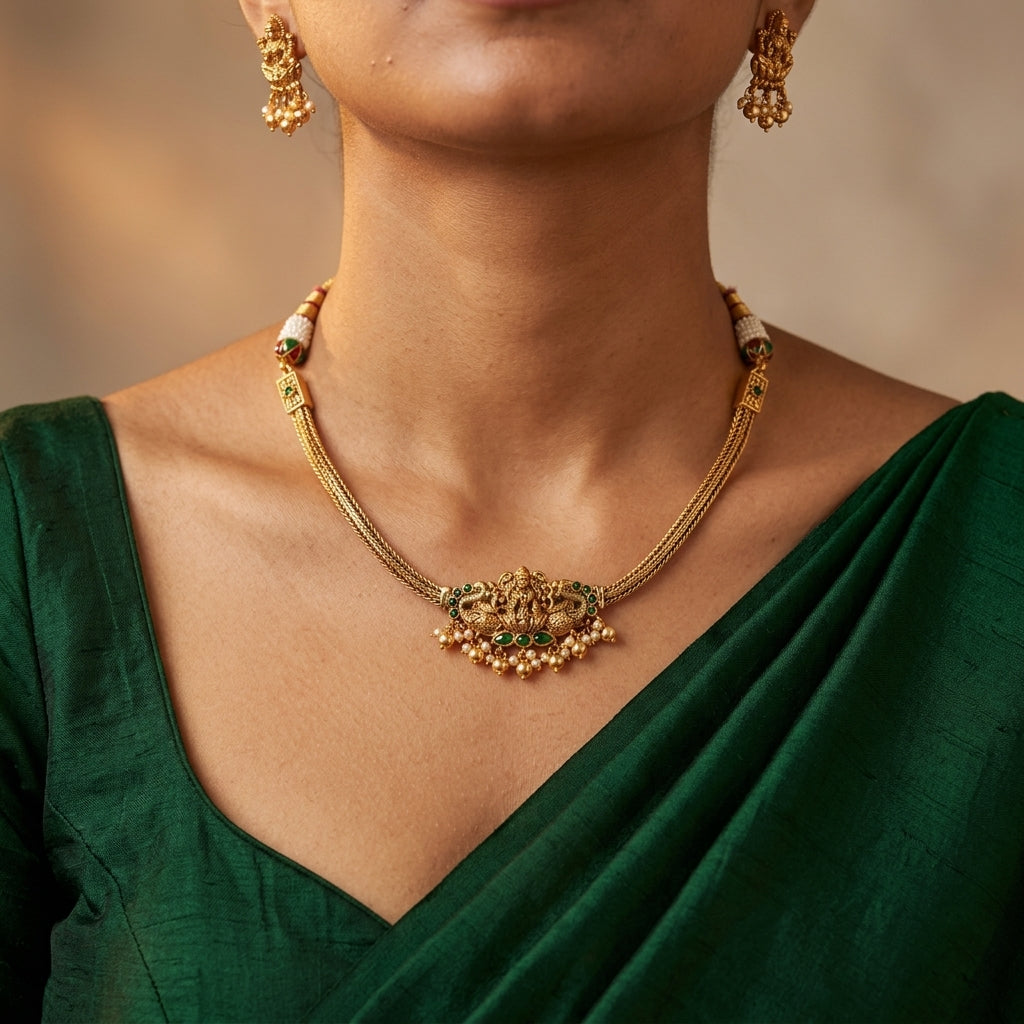 Green and White Goddess Peacock Necklace Set - Model