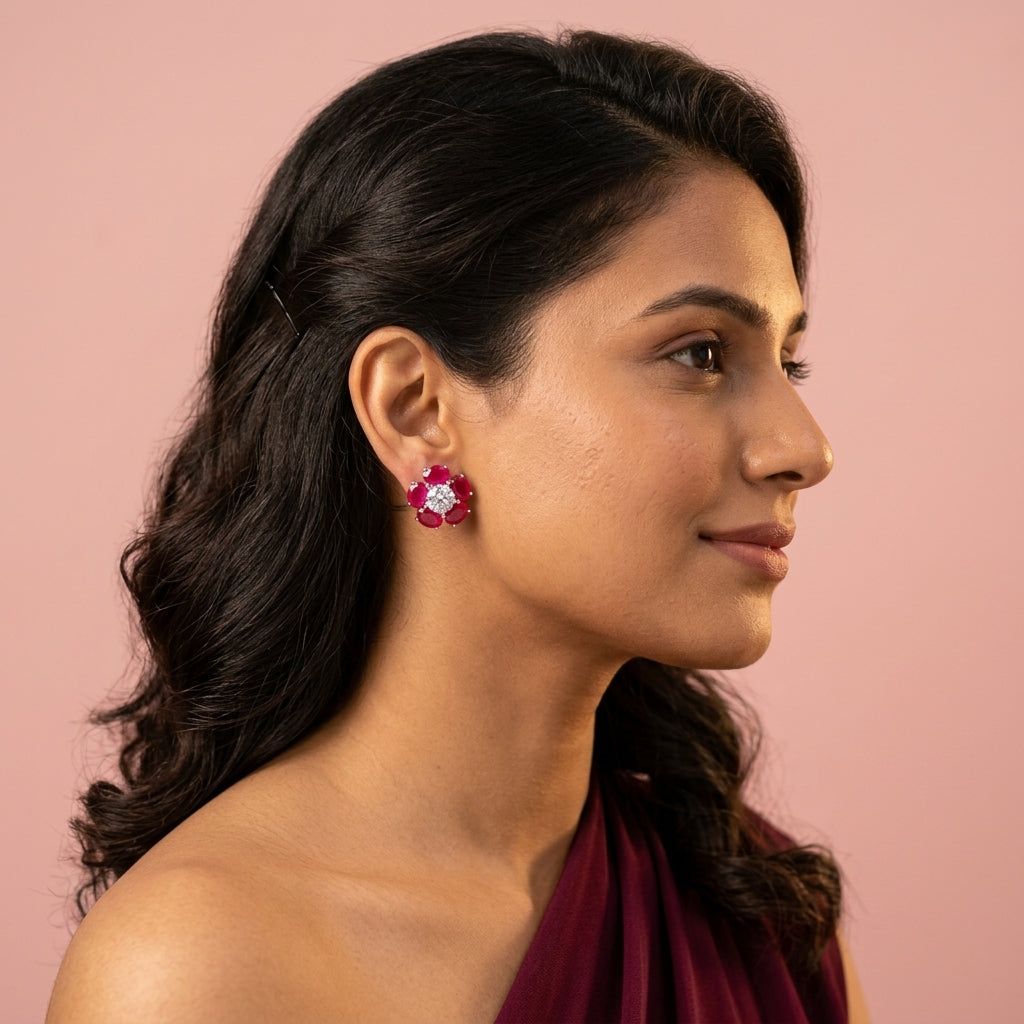 Red Floral Cluster Earrings - Model
