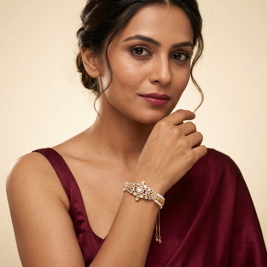 White Kundan Cluster Bracelet - Model