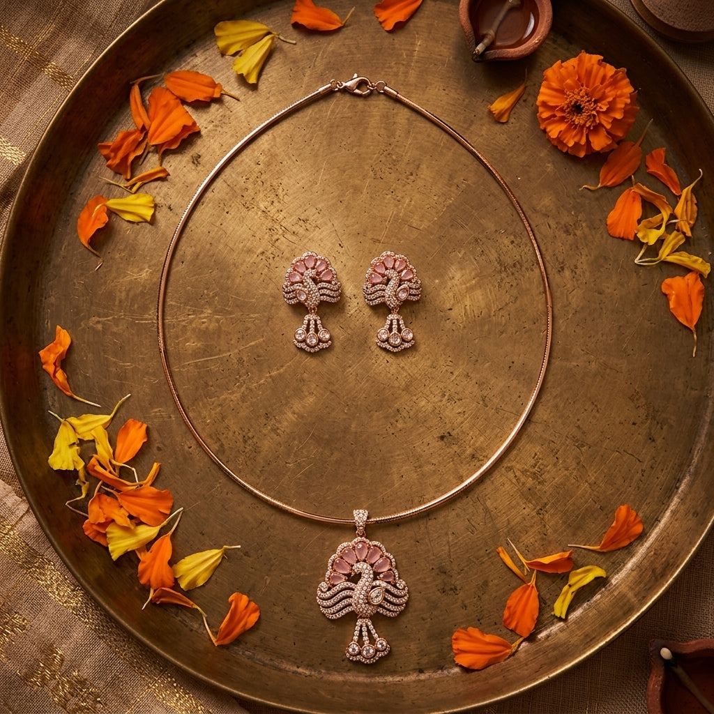 Pink Stylized Peacock Necklace Set - Tabletop
