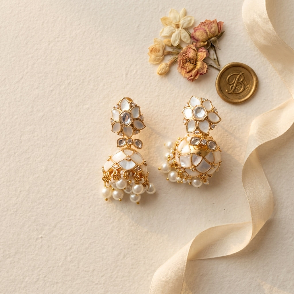 White Floral Jhumka Earrings - Tabletop
