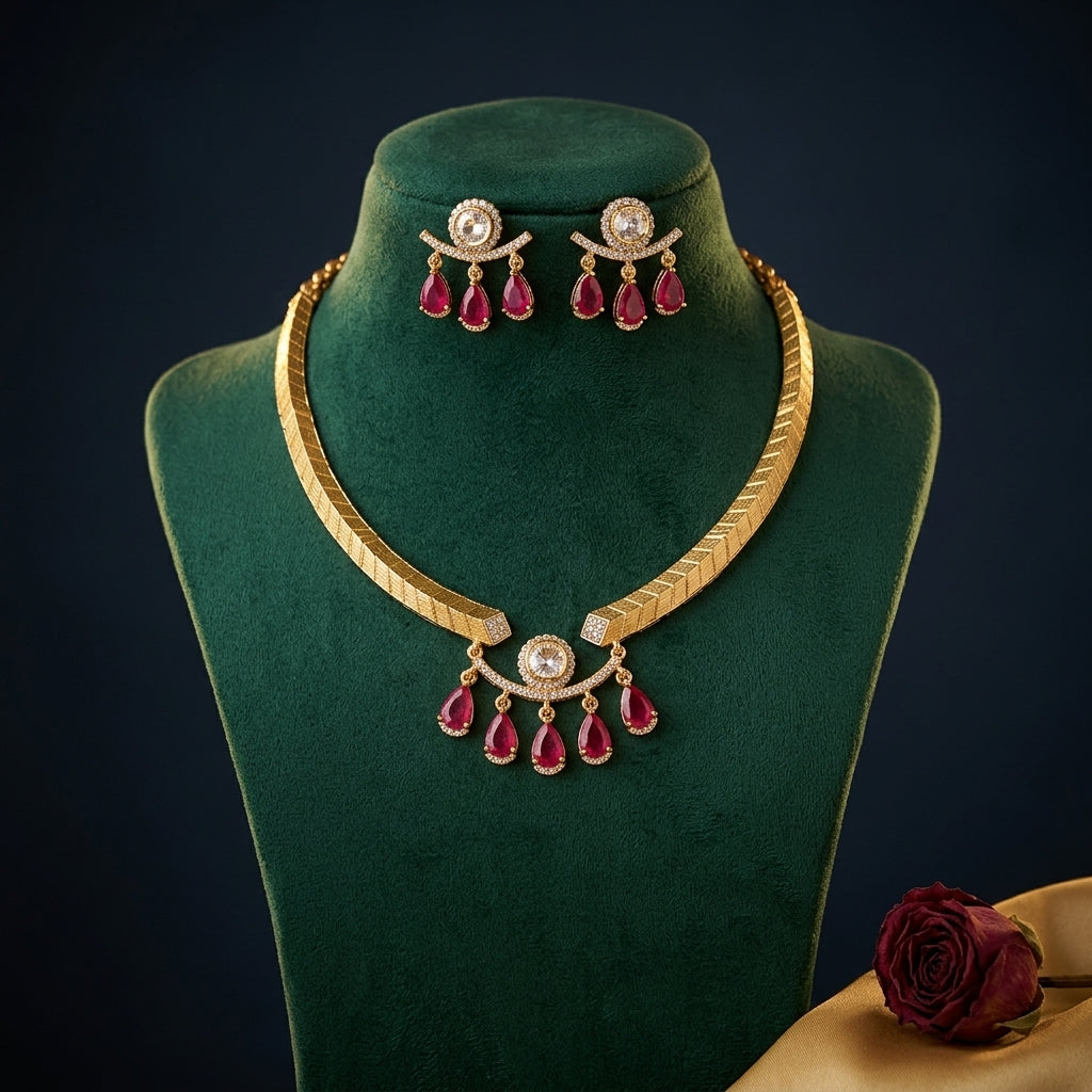 Ruby and Clear Textured Band Cluster Drop Necklace Set - Mannequin