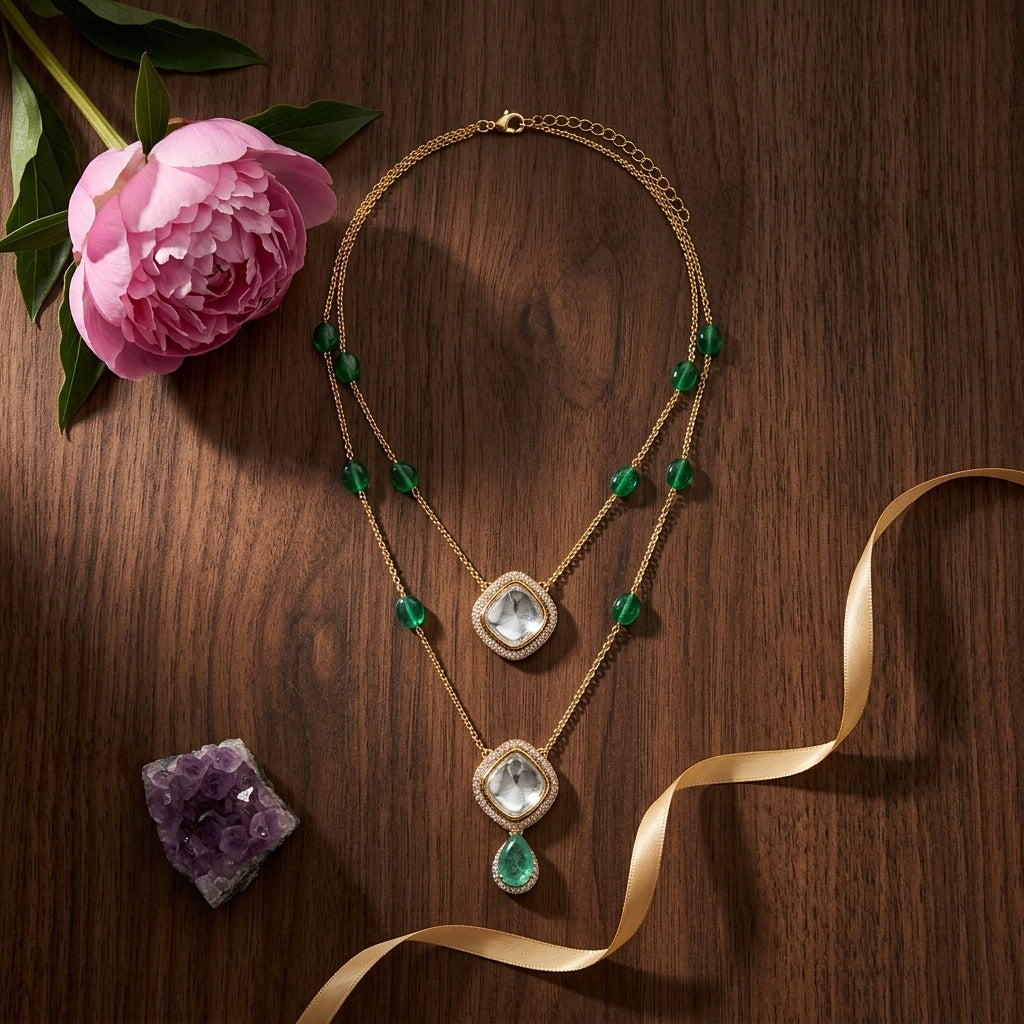 Green Rajwadi Polki Necklace Set - Tabletop