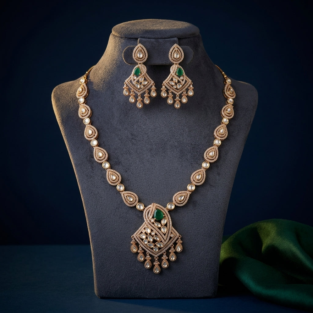 Green and White Ornate Teardrop Necklace Set - Mannequin