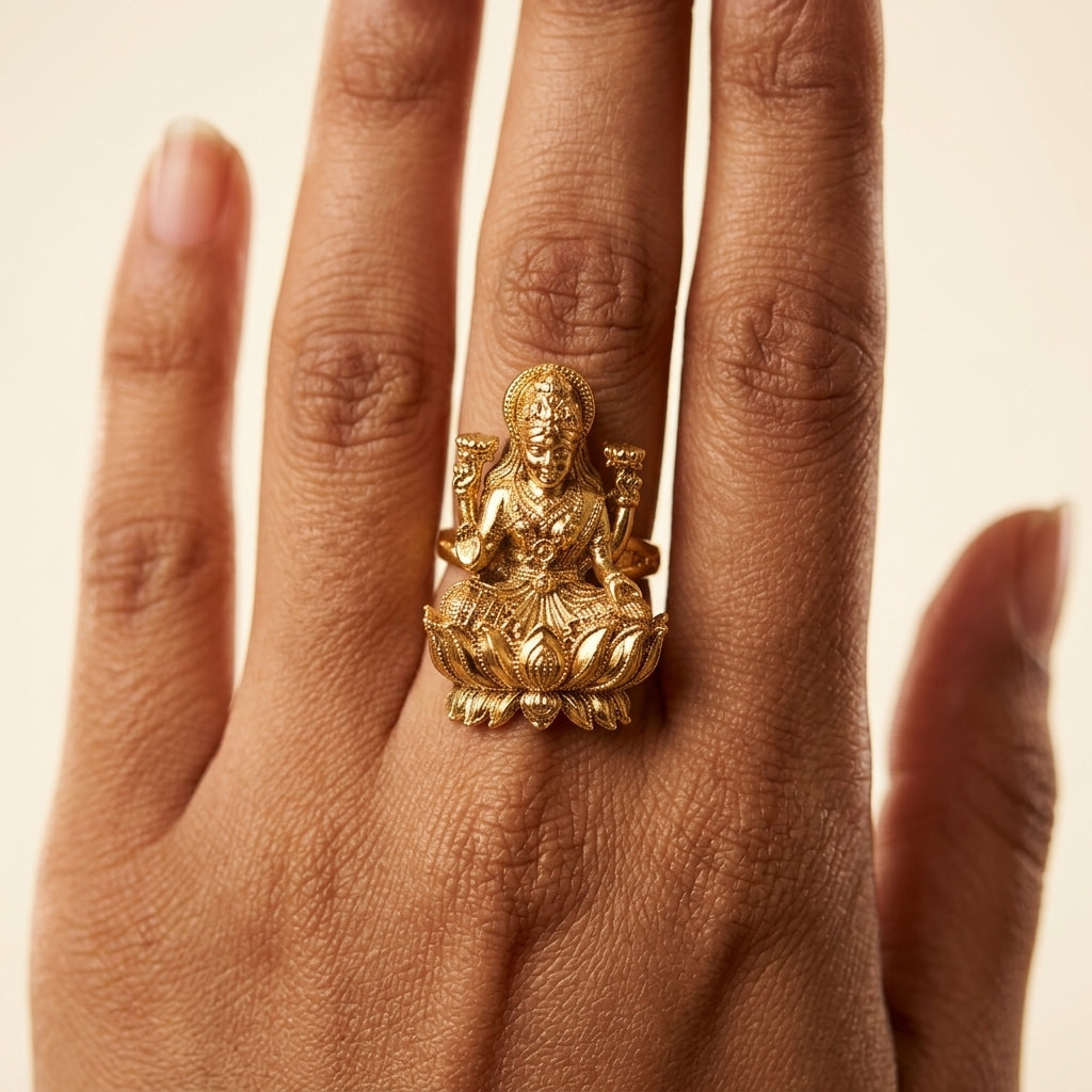 Gold Lakshmi Lotus Ring - Model