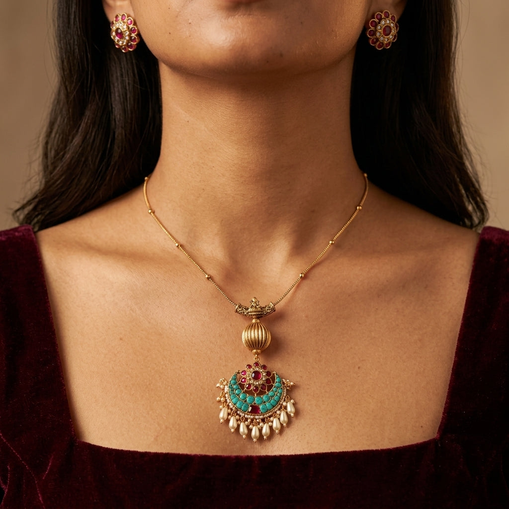 Multi Temple Floral Crescent Necklace Set - Model