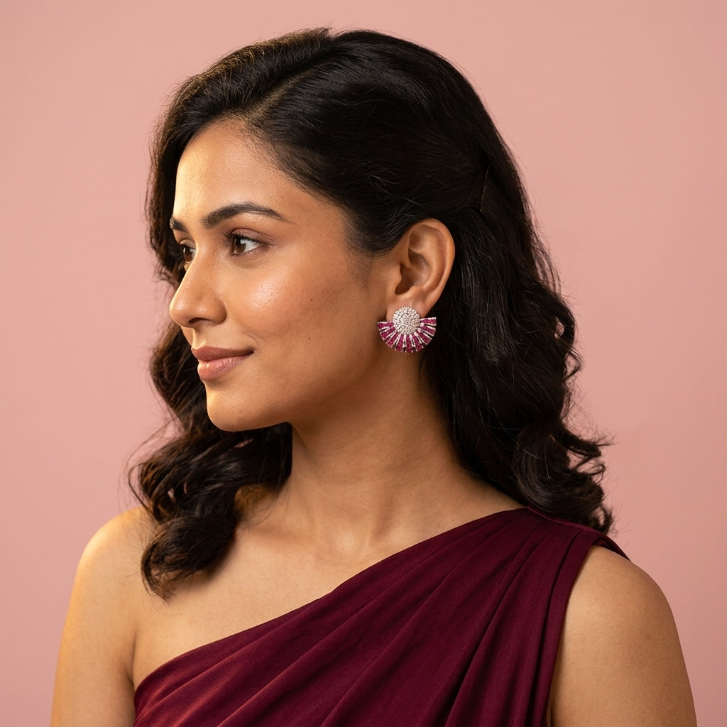 Ruby Fan Cluster Earrings - Model