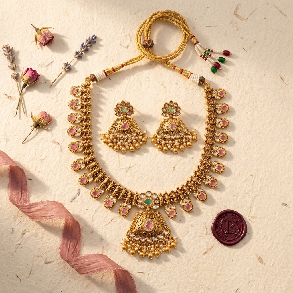 Pink Intricate Triangular Necklace Set - Tabletop
