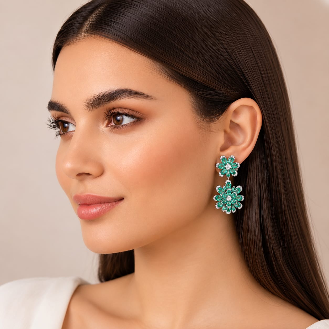 Mint Green Floral Cluster Earrings - Model
