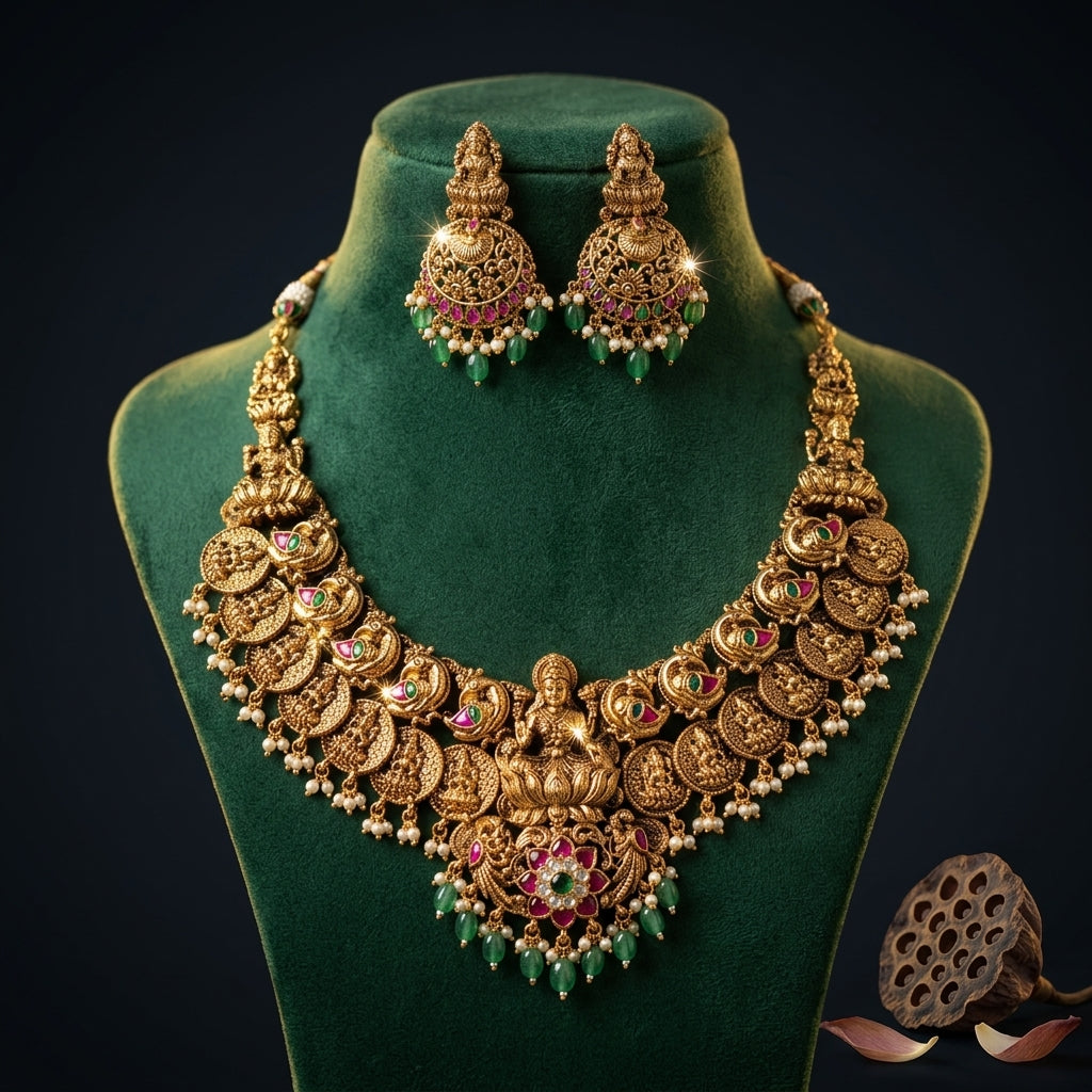 Ruby Green Lakshmi Temple Coin Necklace Set - Mannequin