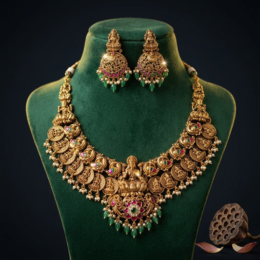 Ruby Green Lakshmi Temple Coin Necklace Set - Mannequin