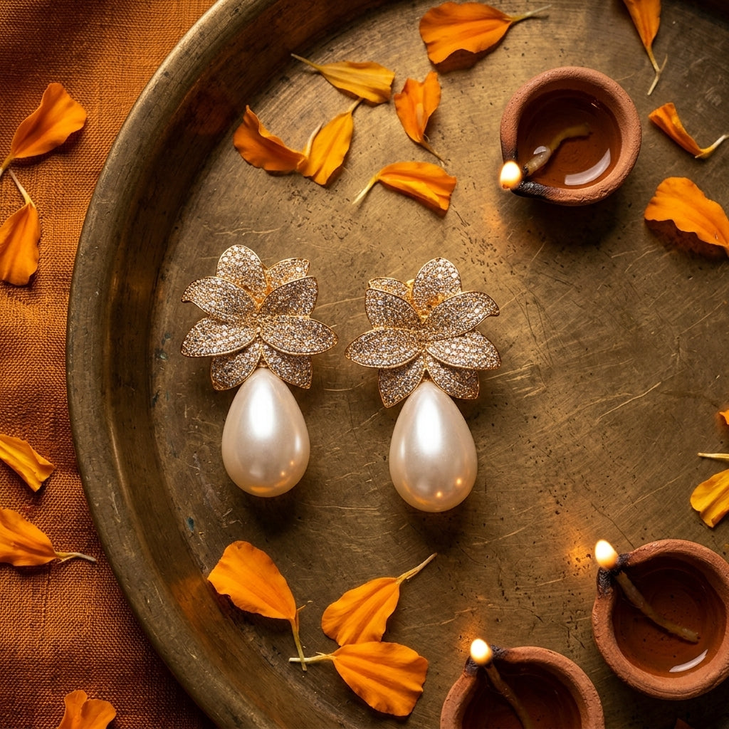 White Floral Drop Earrings - Tabletop