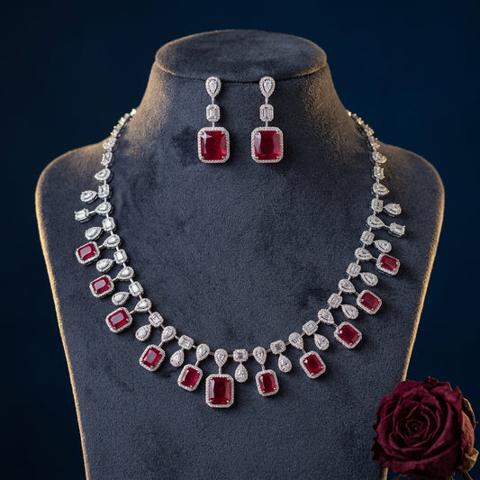 Red and Clear Geometric Cluster Necklace Set - Mannequin