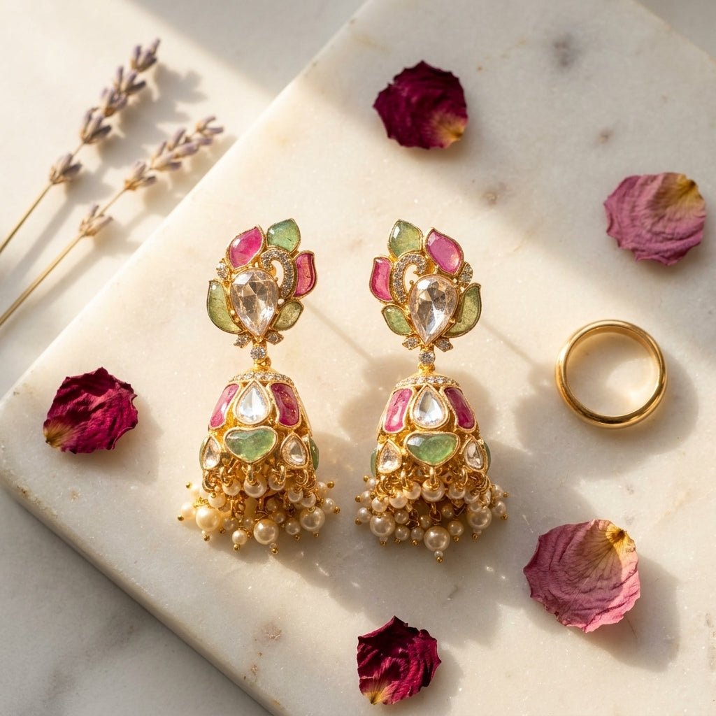 Multi Floral Jhumka Earrings - Tabletop