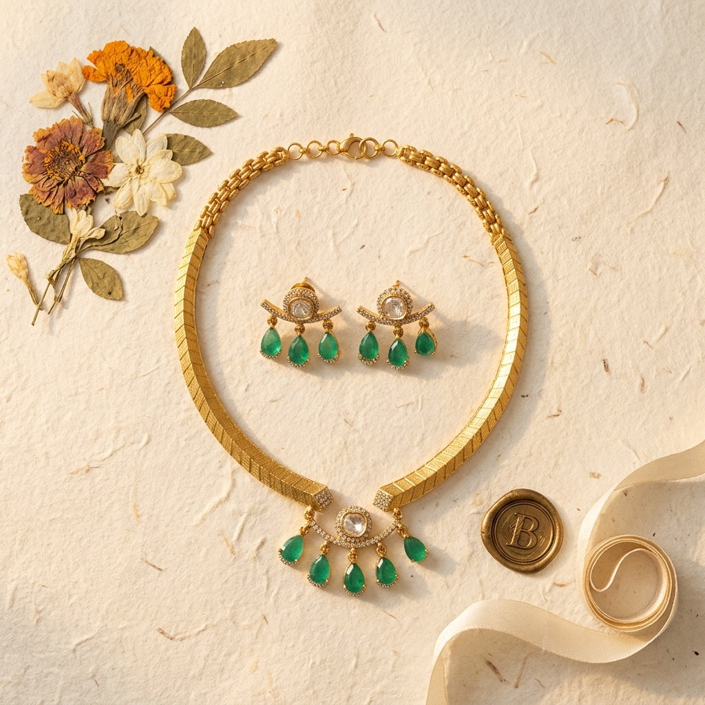 Green and Clear Textured Drop Necklace Set - Tabletop