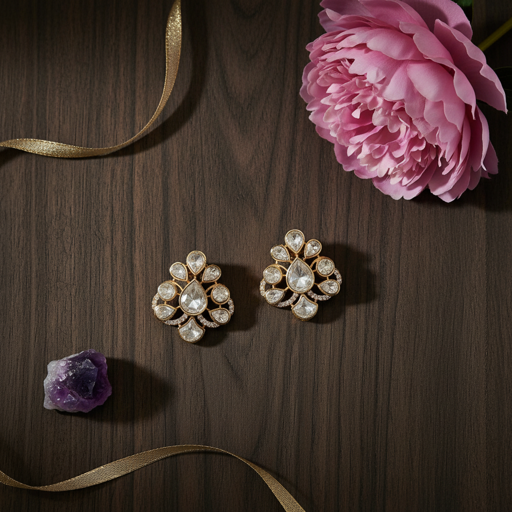 White Gold Kundan Earrings - Tabletop