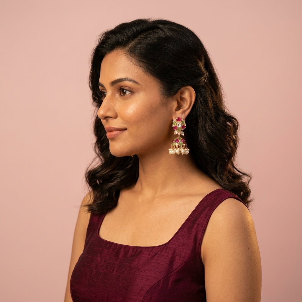 Multi Floral Jhumka Earrings - Model