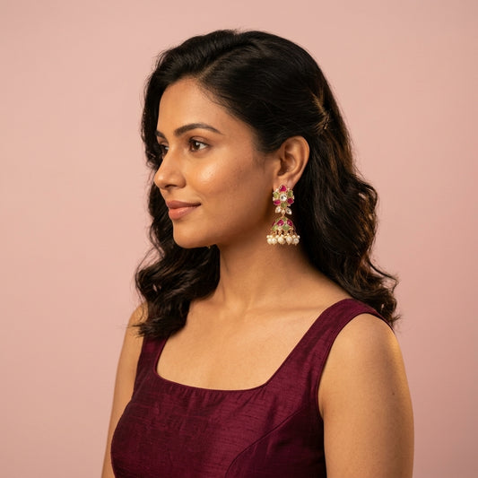 Multi Floral Jhumka Earrings - Model