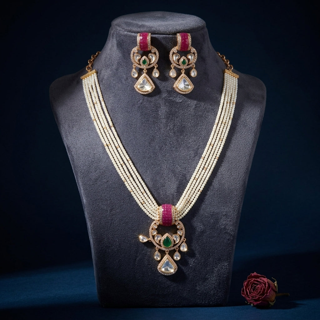 Pearl White Heritage 7 Ruby Green stone Floral Necklace Set - Mannequin