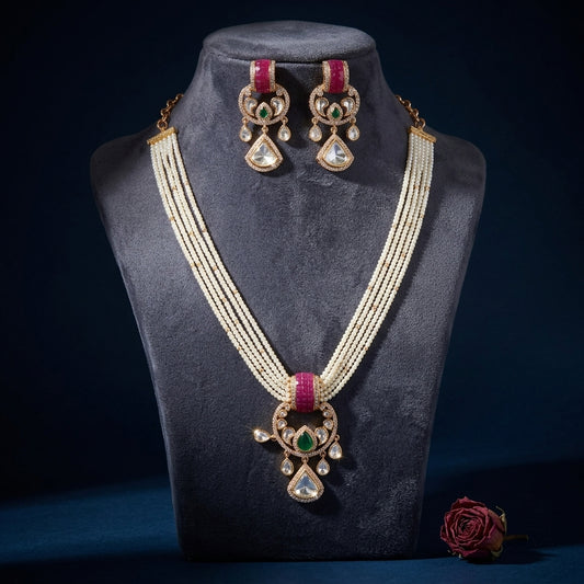 Pearl White Heritage 7 Ruby Green stone Floral Necklace Set - Mannequin