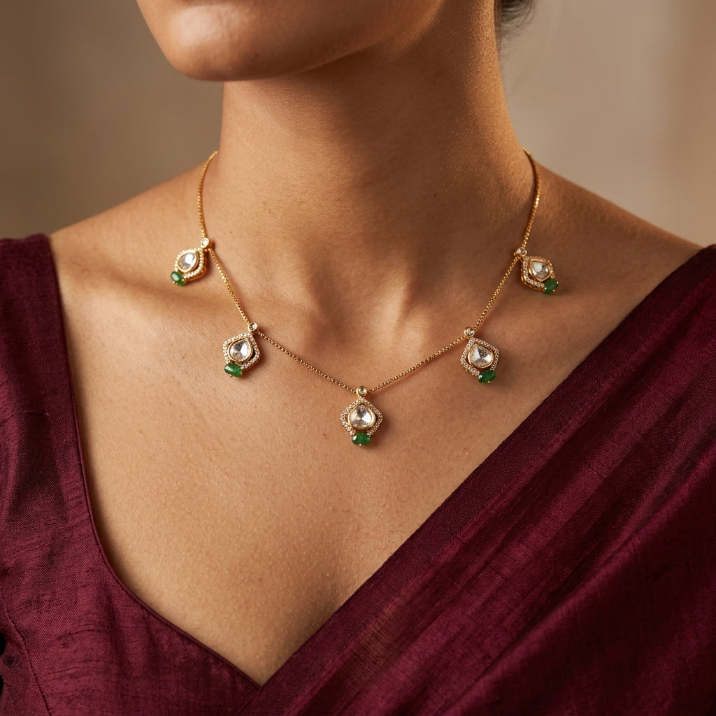 White and Green Geometric Polki Necklace Set - Model