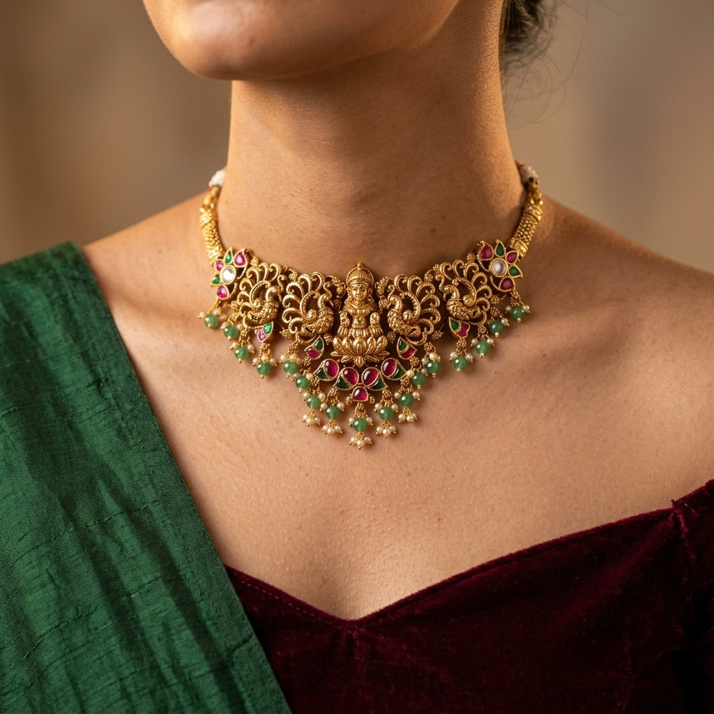 Multi Temple Floral Necklace Set - Model