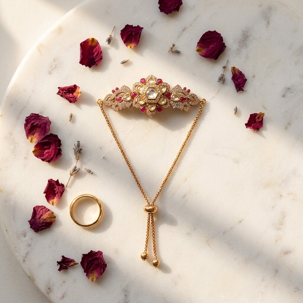 Ruby and Clear Floral Cluster Bracelet - Tabletop