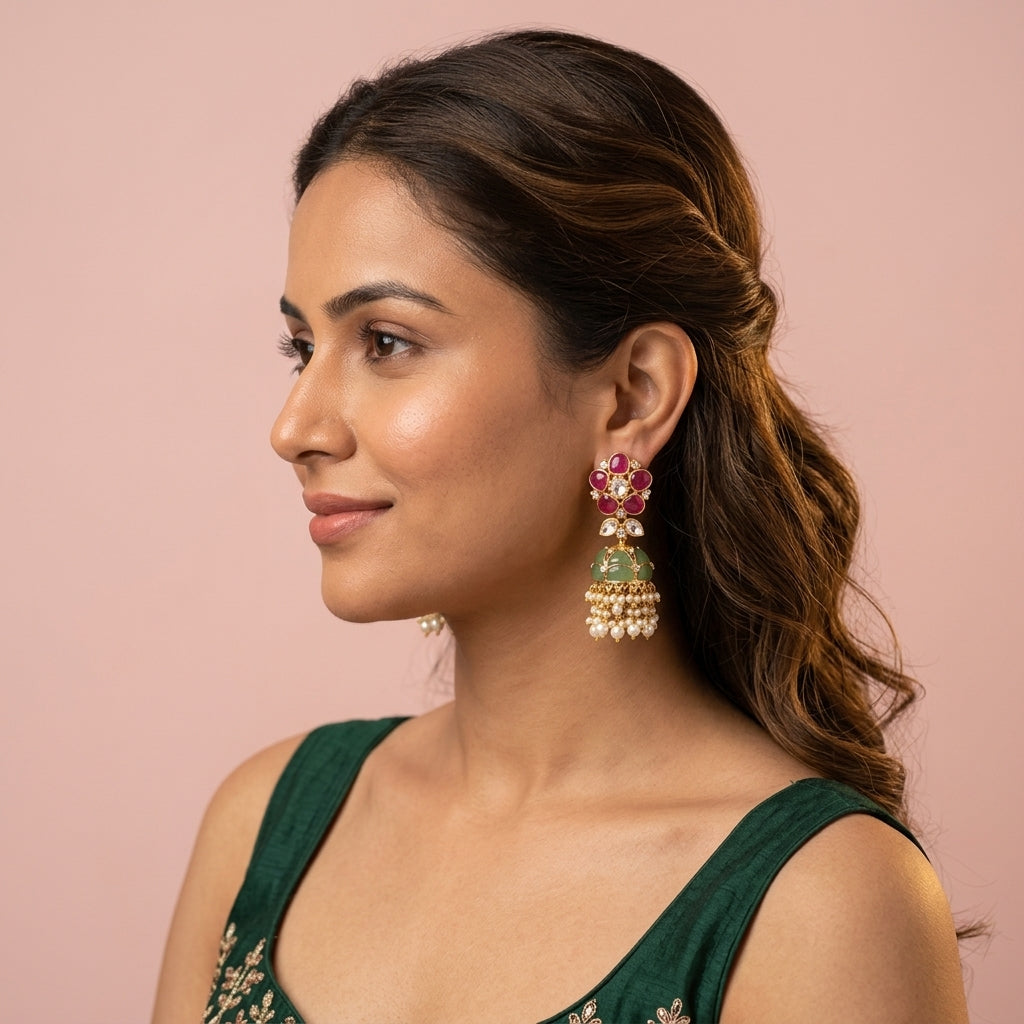 Multi Floral Jhumka Earrings - Model
