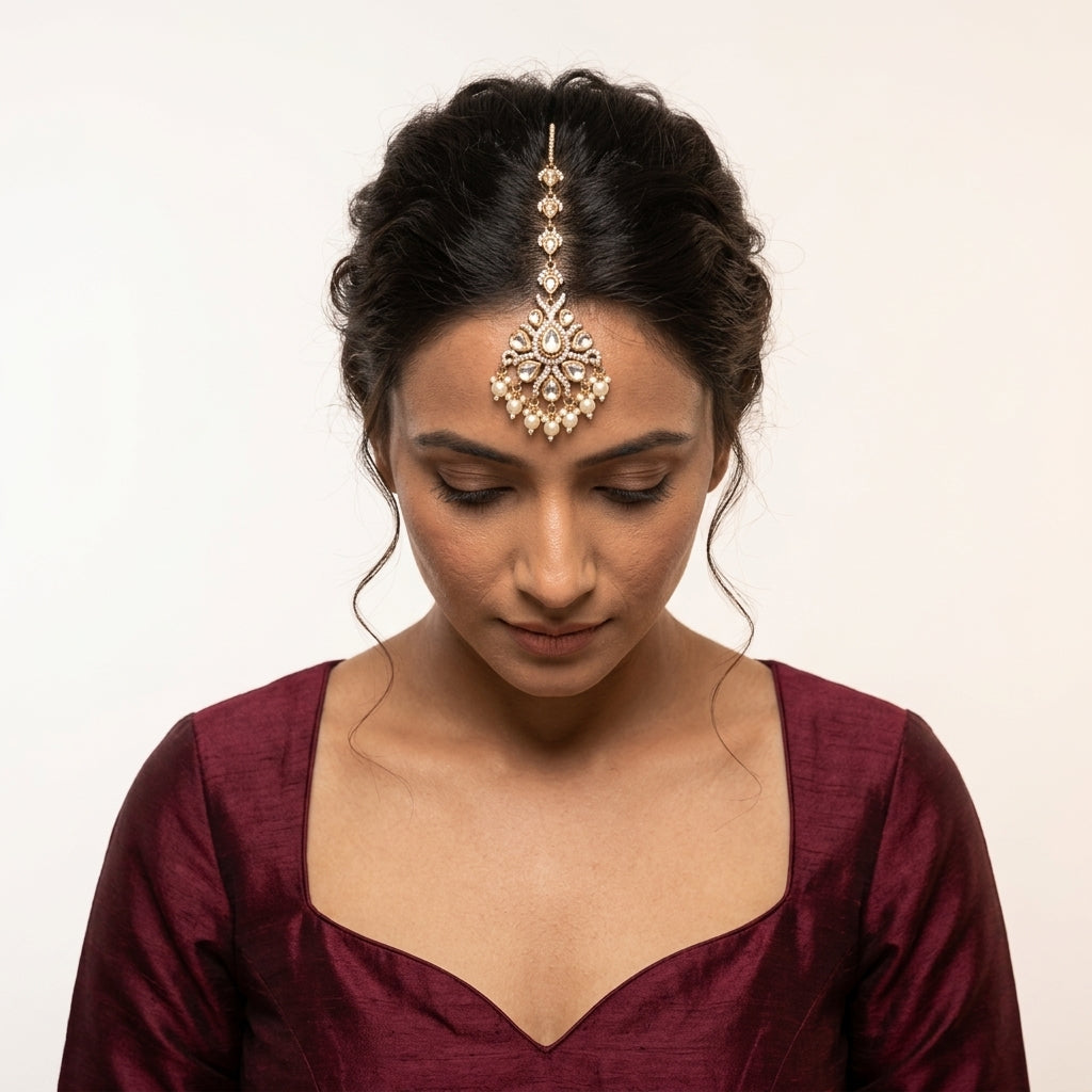 White and Pearl Floral Cluster Maang Tikka - Model