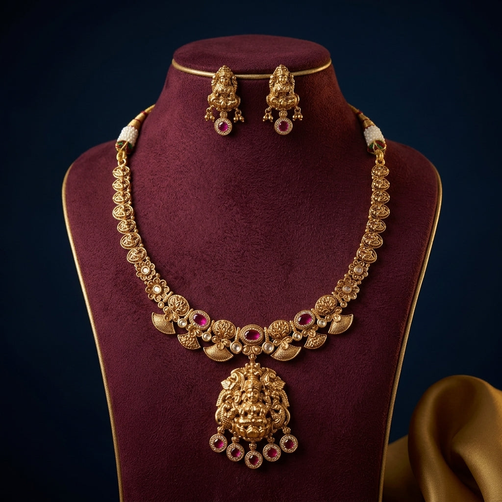 Ruby and Clear Temple Deity Necklace Set - Mannequin