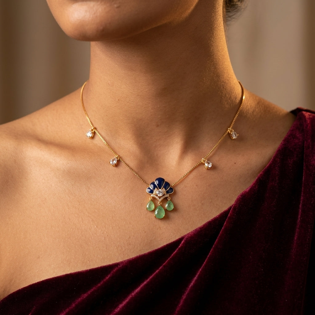 Multi Enamel Fan Necklace Set - Model