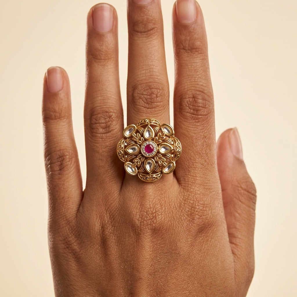 Ruby and Clear Floral Polki Ring - Model