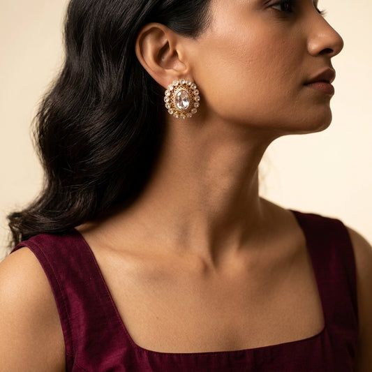 White Polki Cluster Oval Earrings - Model
