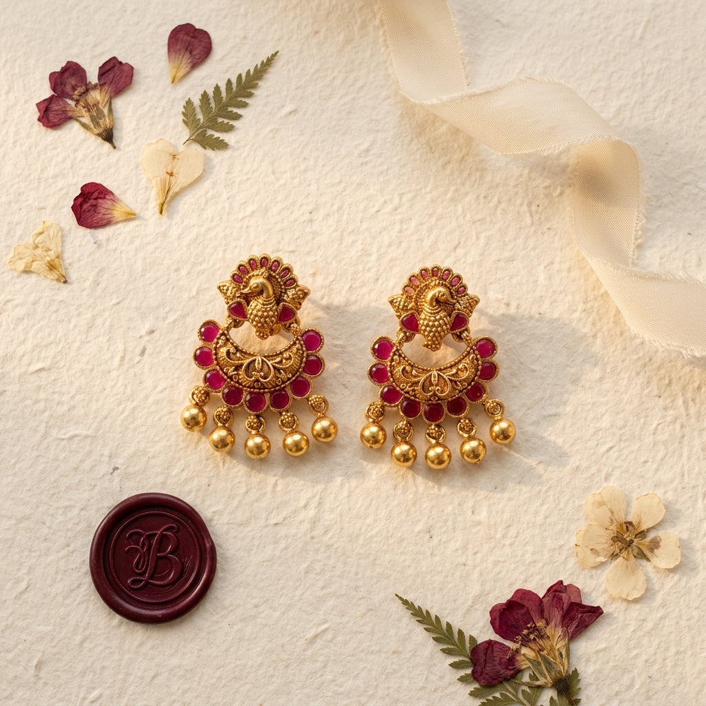 Ruby Peacock Chandbali Earrings - Tabletop
