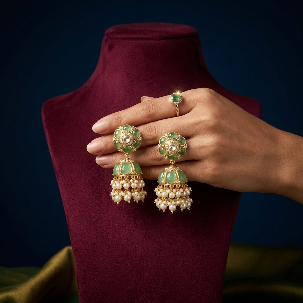 Mint Green Floral Jhumka Pair - Mannequin