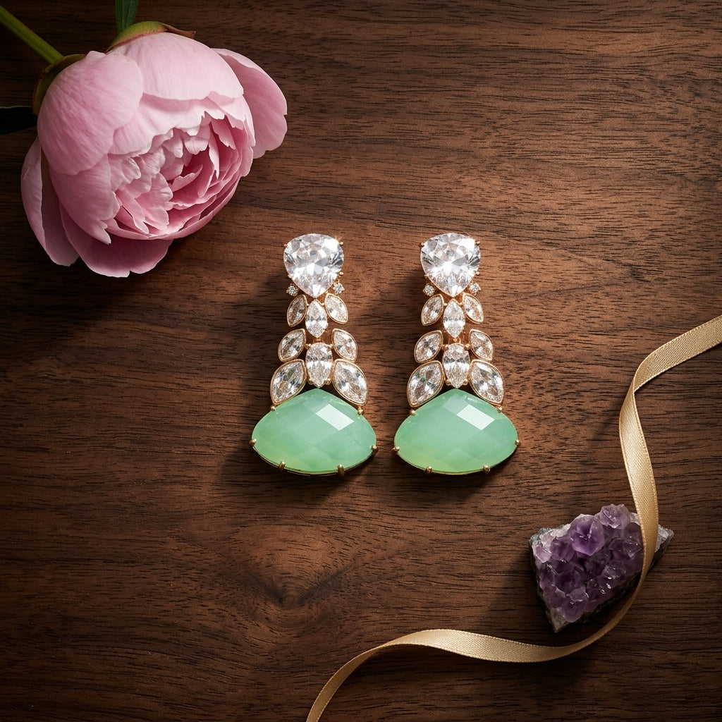 Mint Green and Clear Faceted Drop Earrings - Tabletop