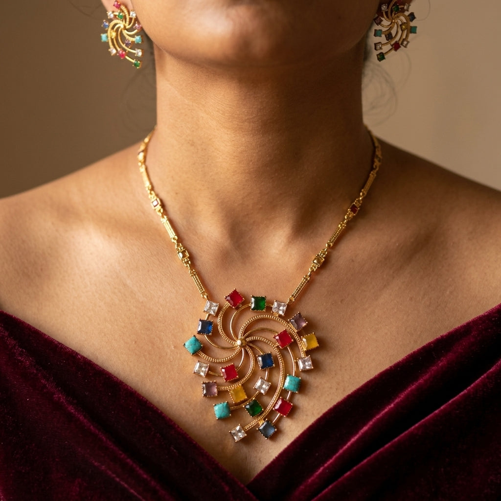 Multi Swirl Geometric Necklace Set - Model