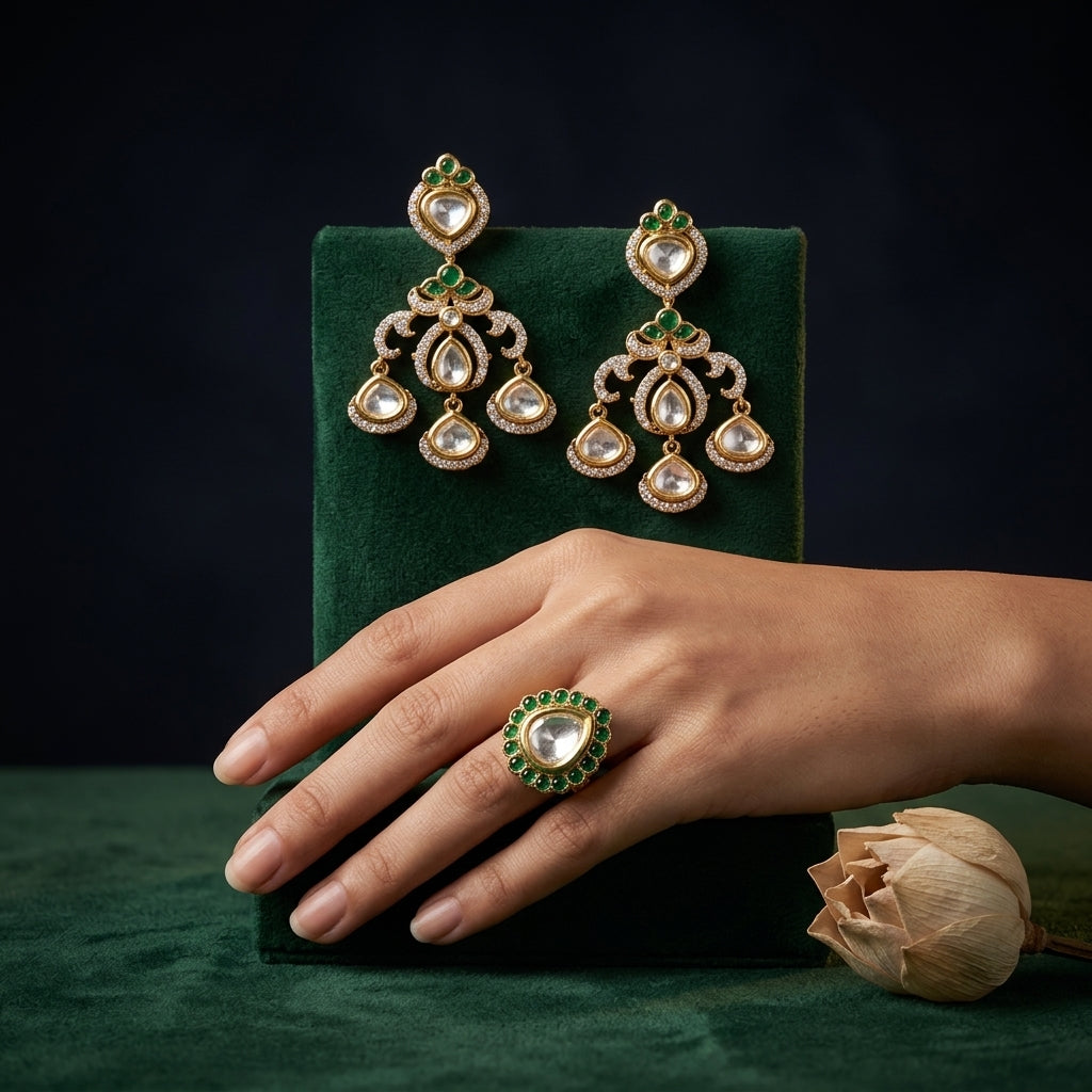 Green Heritage Kundan Earrings - Mannequin
