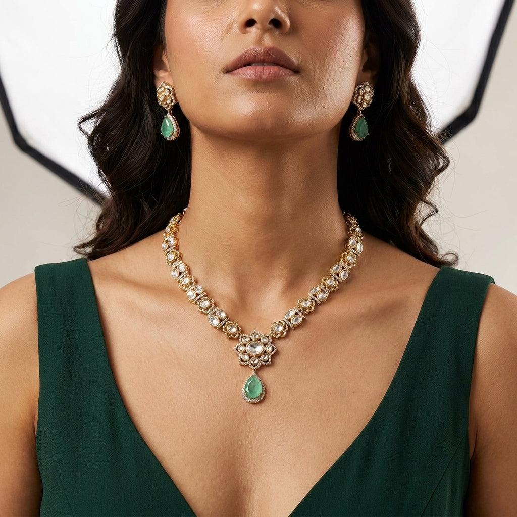Green Floral Polki Necklace Set - Model