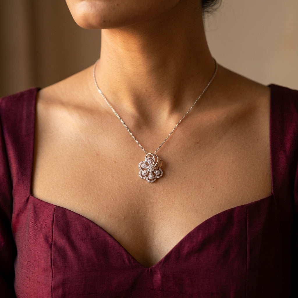 White Crystal Floral Pendant Set - Model