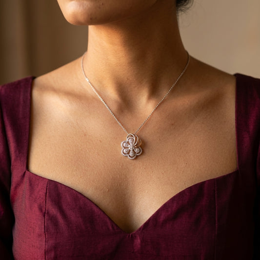White Crystal Floral Pendant Set - Model