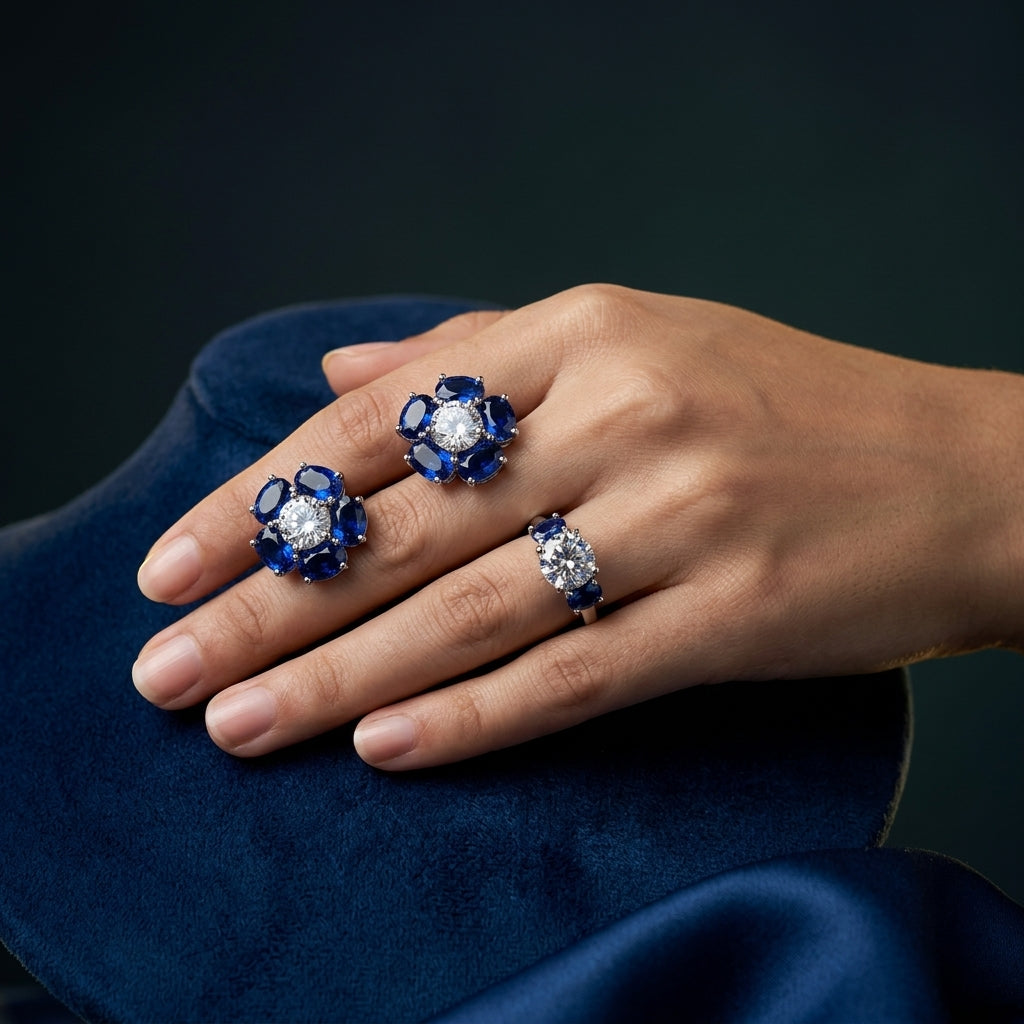 Blue and Clear Floral Cluster Earrings - Mannequin