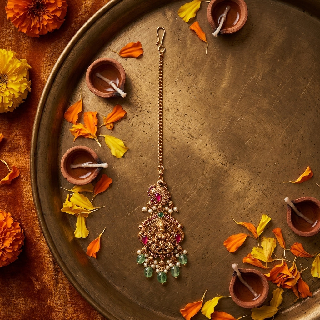 Ruby and Green Temple Peacock Maang Tikka - Tabletop