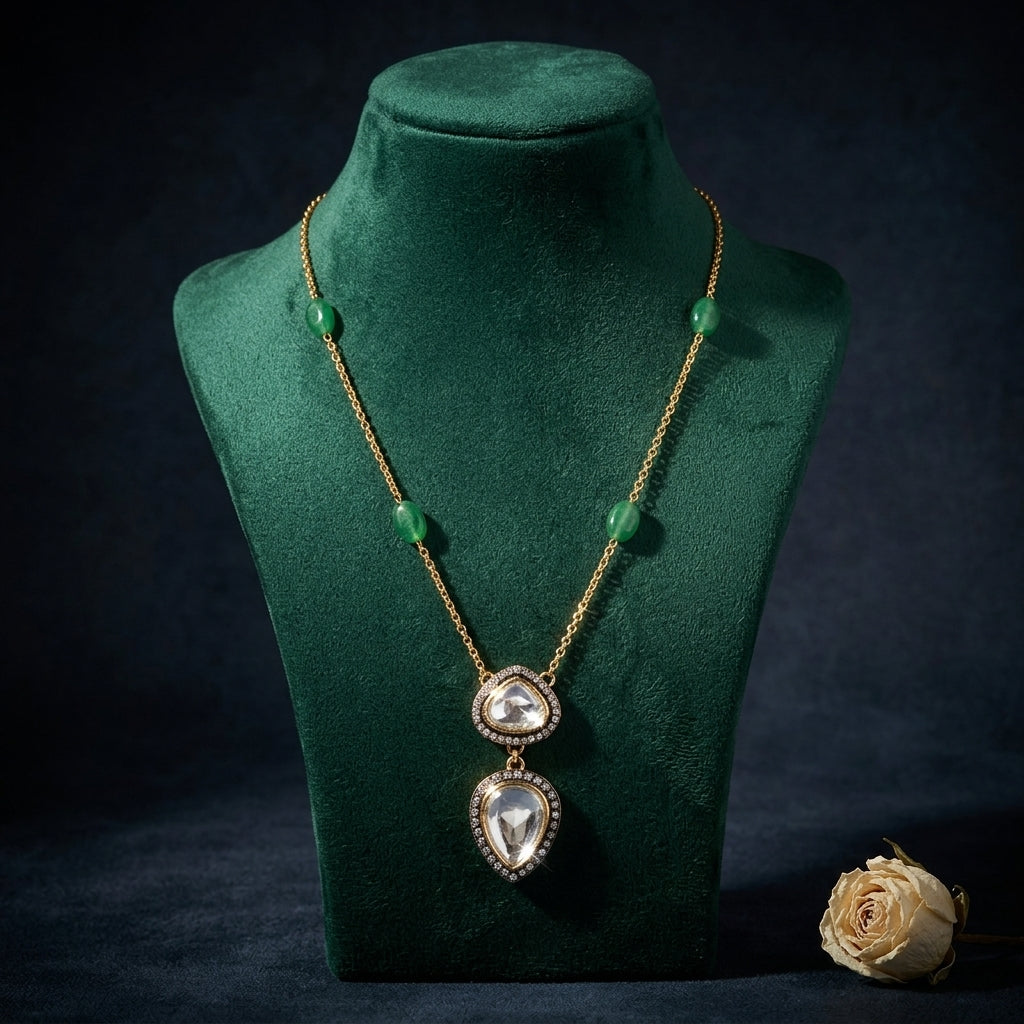 Green Bandhai Polki Necklace Set - Mannequin