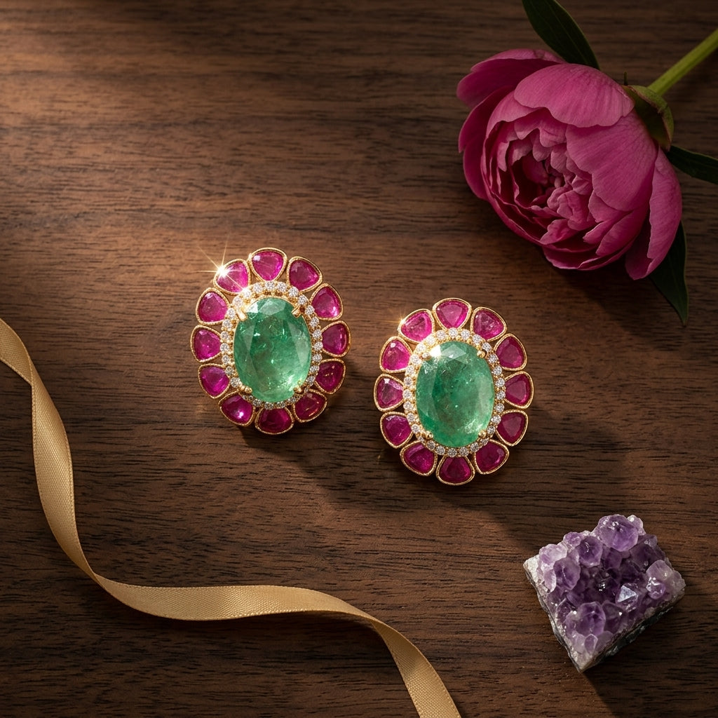 Green and Pink Floral Cluster Earrings - Tabletop