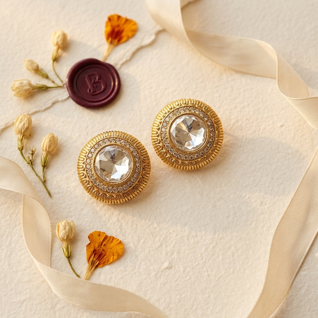 White Faceted Ridged Circle Earrings - Tabletop