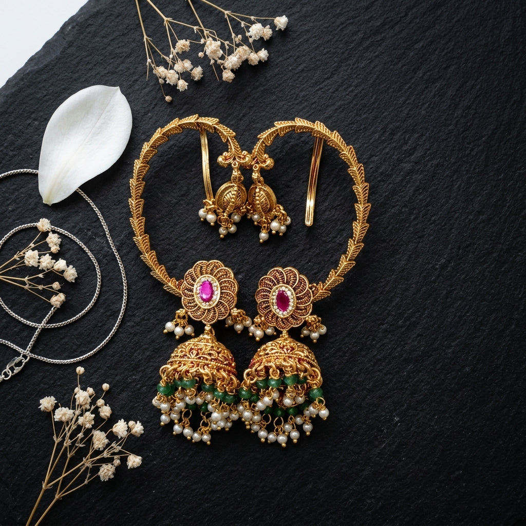 Ruby Floral Jhumka Ear Cuff Earrings - Tabletop