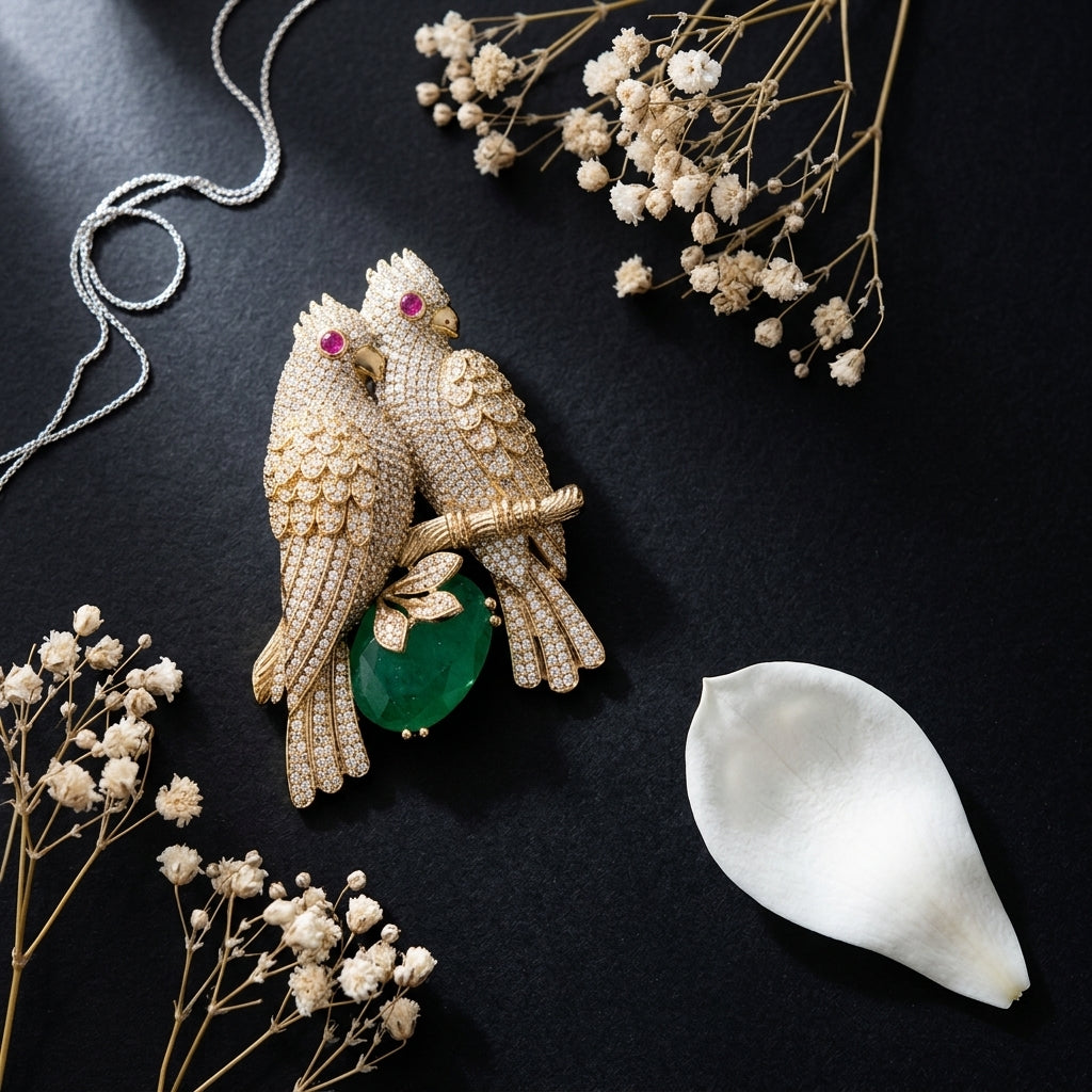 Ruby Green Parrot Branch Brooch - Tabletop