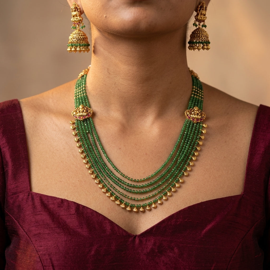 Green and Red Temple Goddess Necklace Set - Model